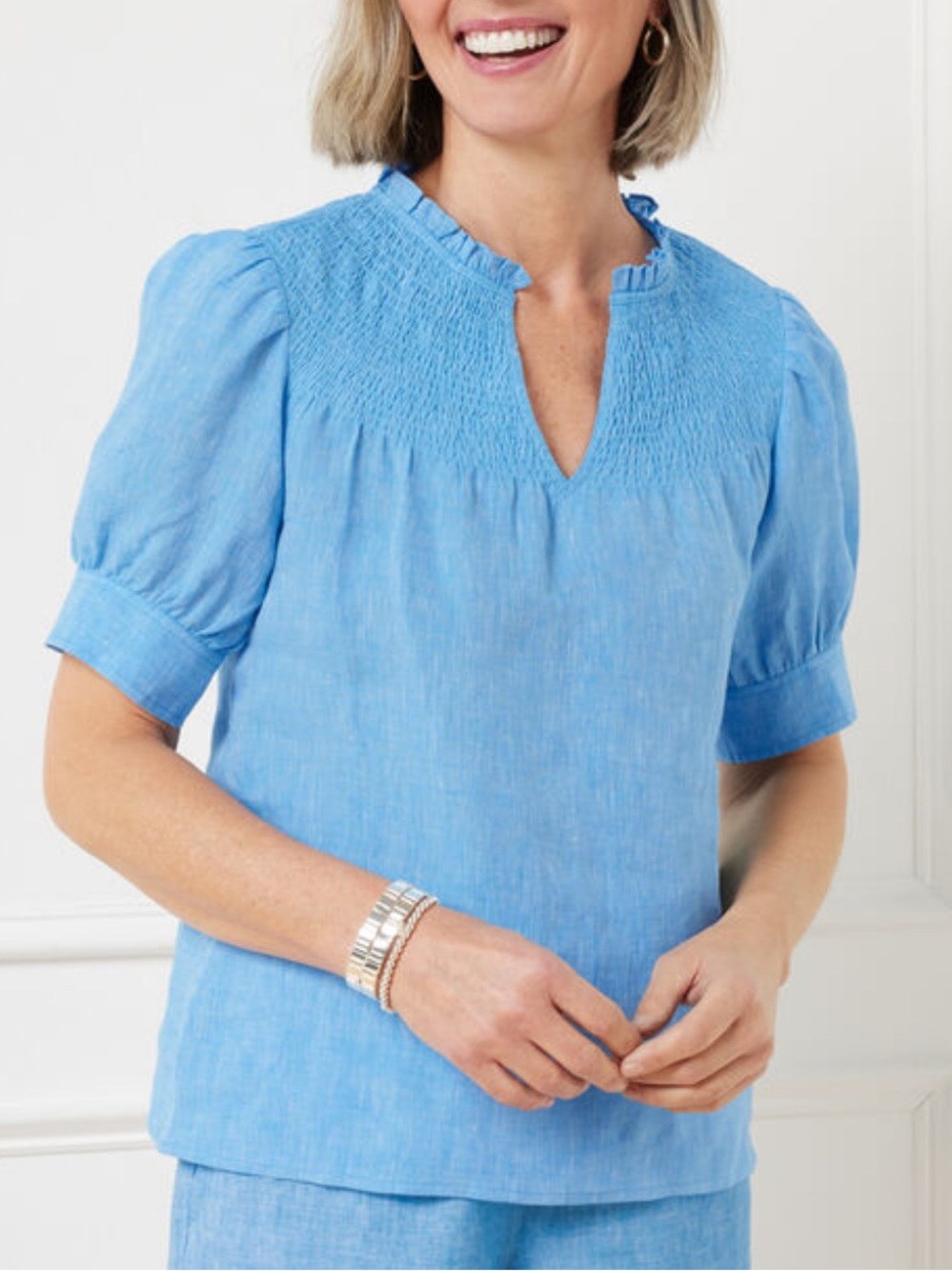 Talbots 100% linen smocked neck short sleeve top